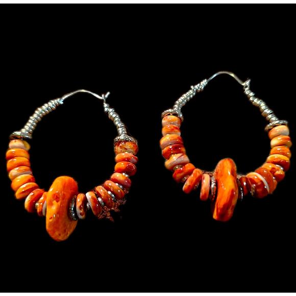 Orange Spiny Oyster Artisan Sterling Hoop Earrings Vintage - Picture 5 of 8